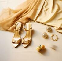 AI generated gold slip, gold sandals and gold earrings, photo