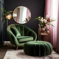 AI generated green velvet armchair with a pink pillow and ottoman, photo