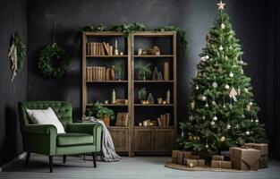 AI generated the christmas decor of a room with green christmas tree and wooden furniture, photo