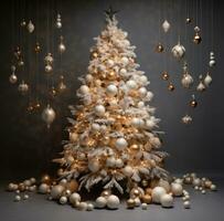 AI generated many ornaments adorn a large christmas tree, photo