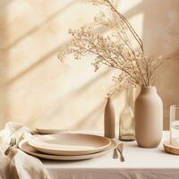 AI generated table setting that includes a white tray with greenery, photo