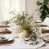 AI generated table setting that includes a white tray with greenery, photo