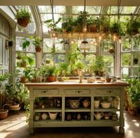 AI generated kitchen island with planter, pots and dishes, photo