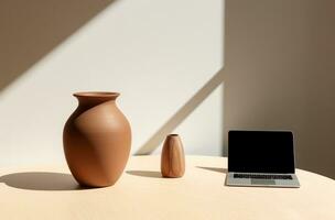 AI generated small vase and a desk with shadow, photo