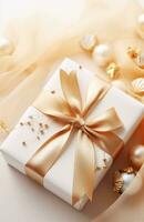 AI generated white christmas decorations and present packaging with ribbon on beige background photo