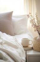 AI generated the bed is in soft tones with small baskets, photo
