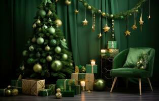 ai generado fiesta habitación con verde decoraciones verde Navidad árbol foto
