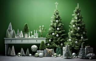ai generado fiesta habitación con verde decoraciones verde Navidad árbol foto