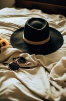 AI generated hat and sunglasses laid out on bed, photo