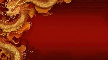 AI generated Chinese holiday background with dragon, dark red and gold, large copyspace area photo