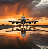 AI generated large jet landing at a runway in a sky that is filled with white clouds with an orange sunset behind it photo