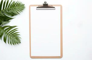 AI generated a clipboard with paper and accessories on top a white surface photo