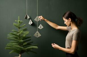 ai generado mujer poniendo Navidad adornos en árbol, foto