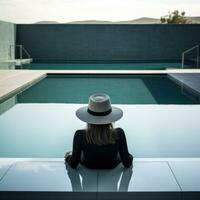 AI generated woman in hat sat on the ledge of the swimming pool photo