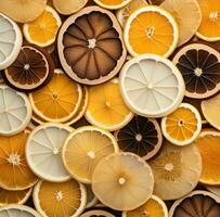 AI generated oranges and lemons cut into slices, photo