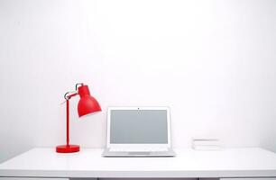 AI generated professional office desk with computer, white wall, red lamp and lamp office photo