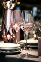 AI generated wine glasses on table with menu in background, photo