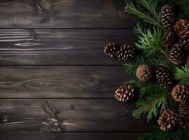 AI generated background with pine branches and cones on the wooden background photo