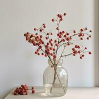 AI generated red berries placed in a glass vase photo