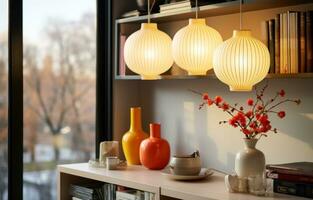 AI generated chinese lantern pendant lights hanging by the window photo