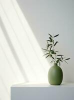 AI generated olive green plant in front of white wall, photo