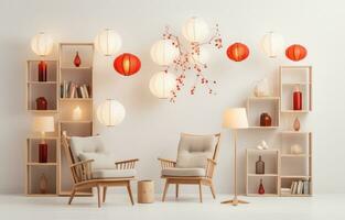 AI generated chinese lantern pendant lights hanging by the window photo