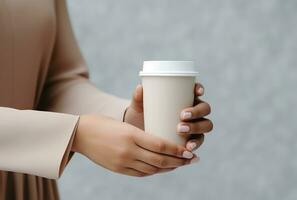 AI generated a coffee cup stacked in the hands of two women photo