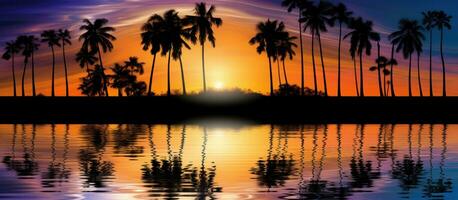 AI generated a group of palm trees in silhouette with ocean along the lake photo