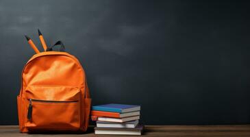 AI generated an orange backpack sitting on a table with book and Union flag on it photo