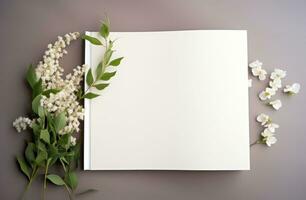 AI generated a white blank book surrounded by green leaves photo