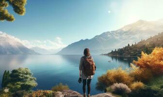 AI generated lady standing on shore in front of lake with backpack photo