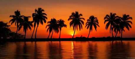ai generado palma arboles en silueta en contra un tropical puesta de sol foto