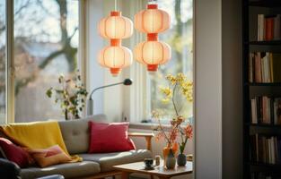 AI generated chinese lantern pendant lights hanging by the window photo