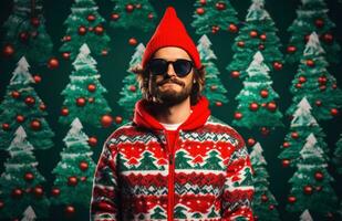 ai generado hombre en Papa Noel sombrero con un Navidad árbol foto