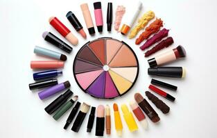 AI generated various makeup products is shown in a circle on a white background, photo