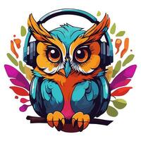 AI generated cute colorful owl in headphones on a white background photo