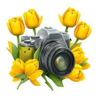 AI generated slr camera in flowers on white background photo