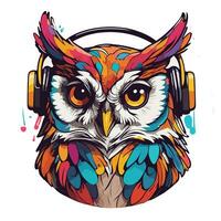 AI generated cute colorful owl in headphones on a white background photo