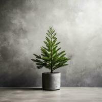 ai generado un pequeño Navidad árbol con luces en frente de un feo hormigón muro, foto