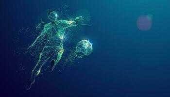 graphic of wireframe soccer player shooting ball with lighting effect vector