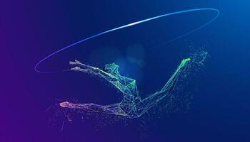 graphic of low poly wireframe ballerina performing rhythmic gymnastics presented with vivid futuristic style vector