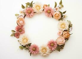 AI generated a circle wreath of pink and peach flowers, photo