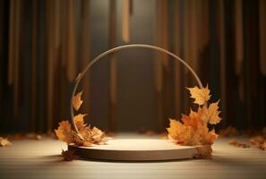 AI generated autumn leaves on a circular shape of wood placed on a table, photo