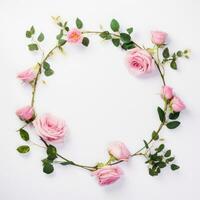 ai generado floral marco en un blanco antecedentes con rosado rosas y verde foto