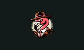 head flamingo wearing hat and suite vector mascot design