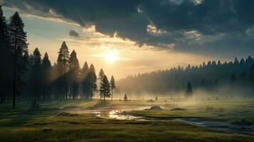 AI generated Rays of sunlight piercing through dense clouds, casting an ethereal glow on a serene meadow. photo