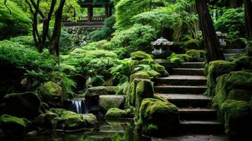 AI generated Lush green foliage cascading over ancient weathered stones in a tranquil garden setting. photo