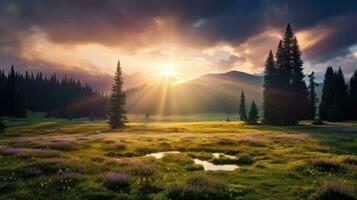 AI generated Rays of sunlight piercing through dense clouds, casting an ethereal glow on a serene meadow. photo