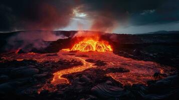 ai generado ardiente volcán, burbujeante lava, de fumar cráter. foto