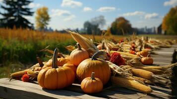 ai generado cesta de calabazas, manzanas y maíz en cosecha mesa con campo arboles y cielo fondo, por ai foto